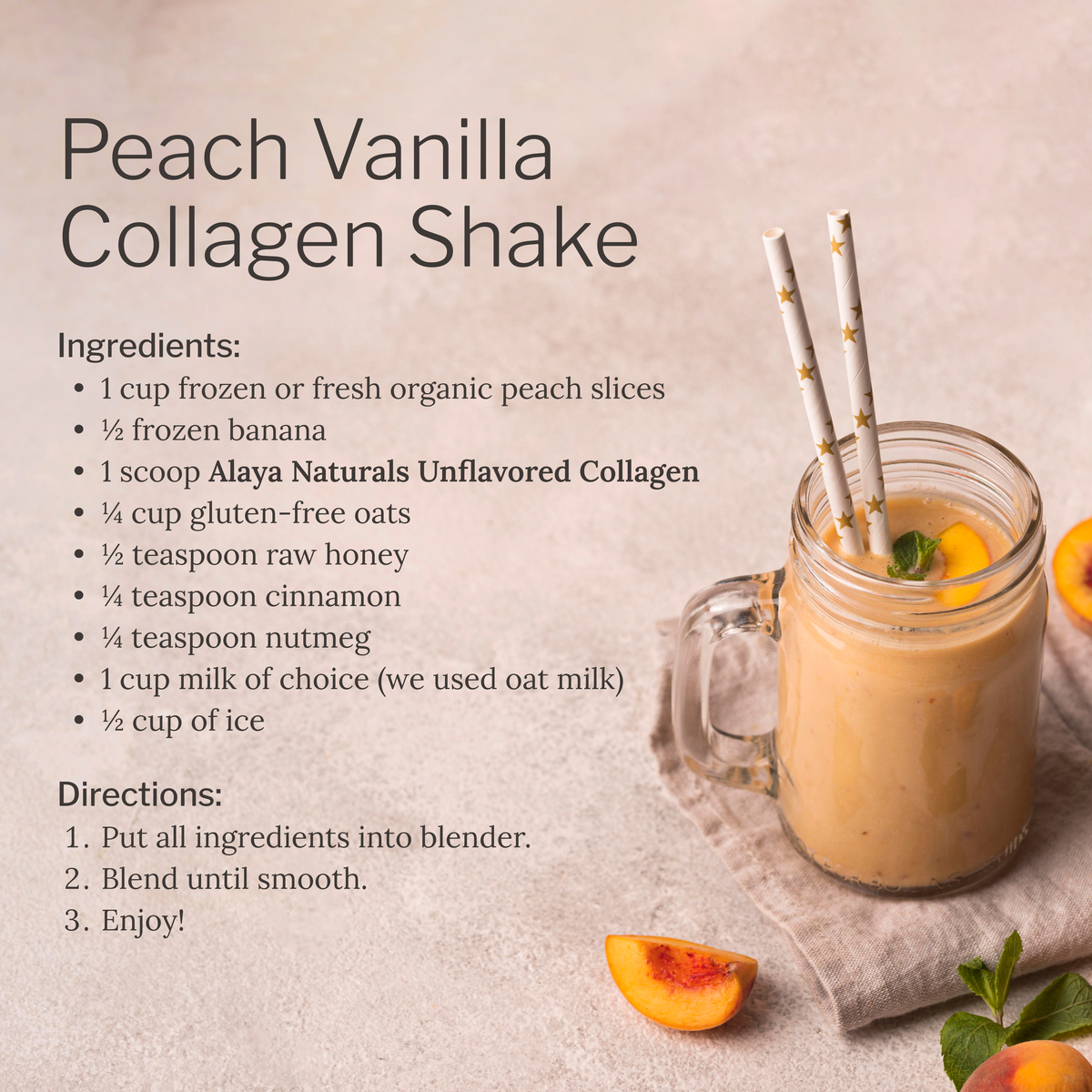 Peach Vanilla Collagen Shake recipe with a glass of shake and ingredients listed. 