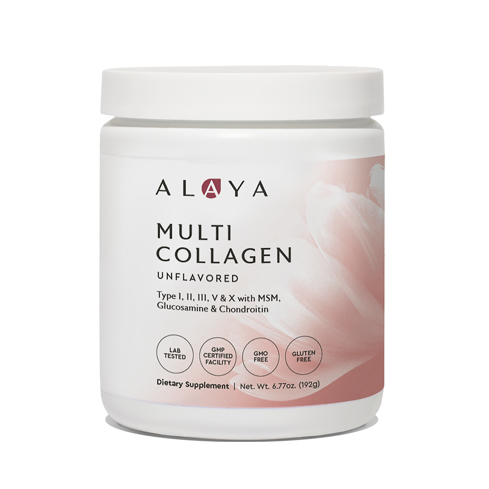 Alaya Multi Collagen Unflavored 20 Serving supplement bottle on a white background #flavor_unflavored #size_small