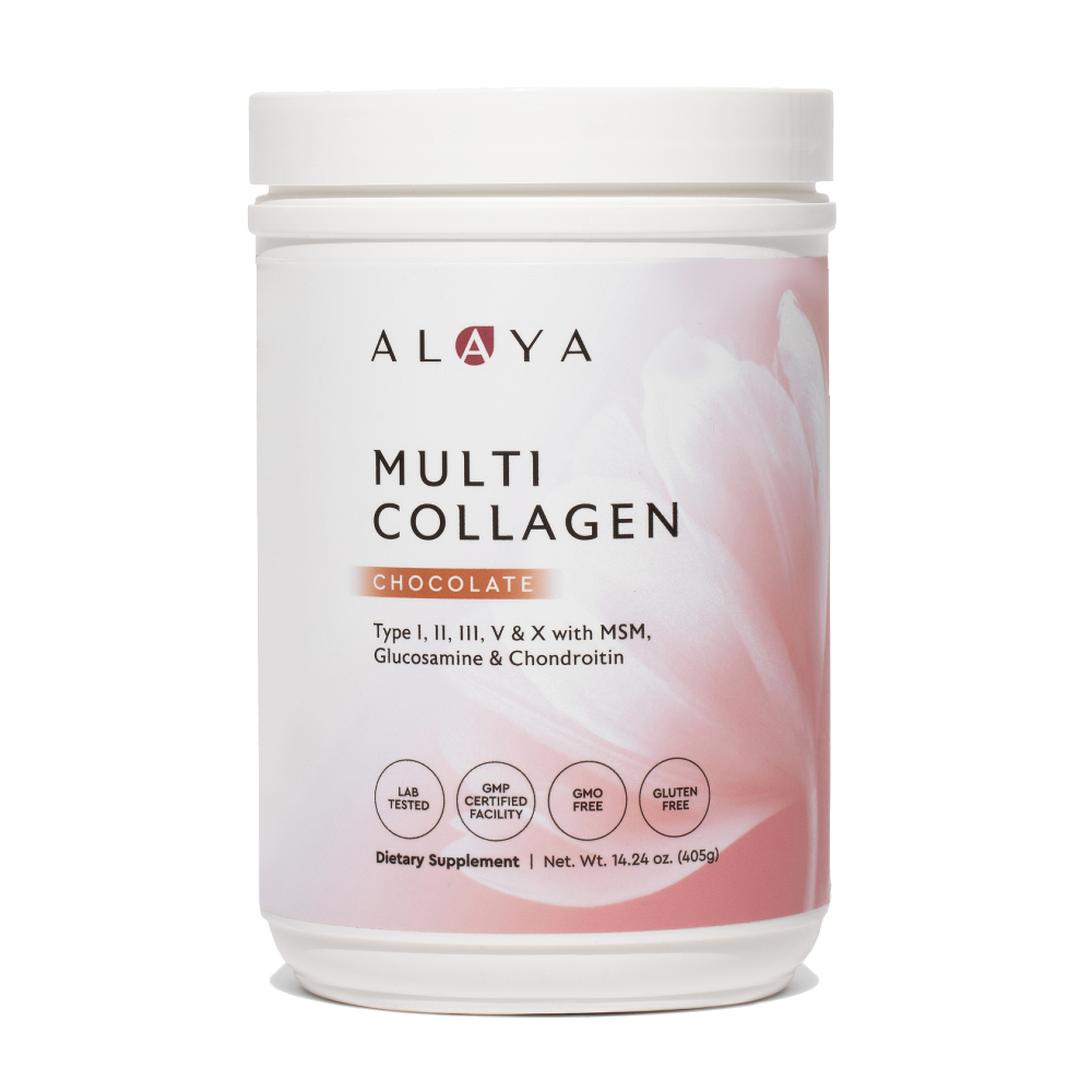 Alaya Multi Collagen Raspberry Lemonade Powder supplement bottle on a white background #flavor_chocolate